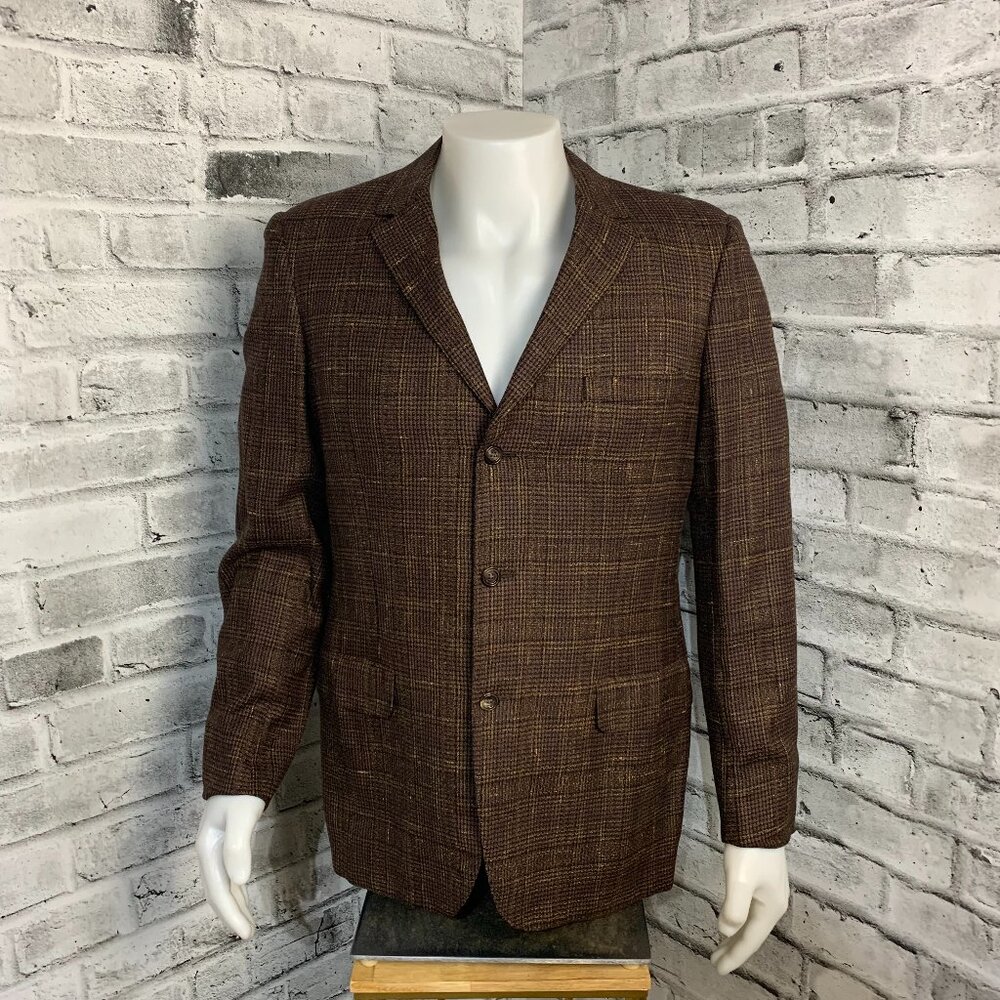 Aquascutum Tweed Blazer Sport Coat Mens 40 Brown Plaid Wool Vintage 90s Jacket